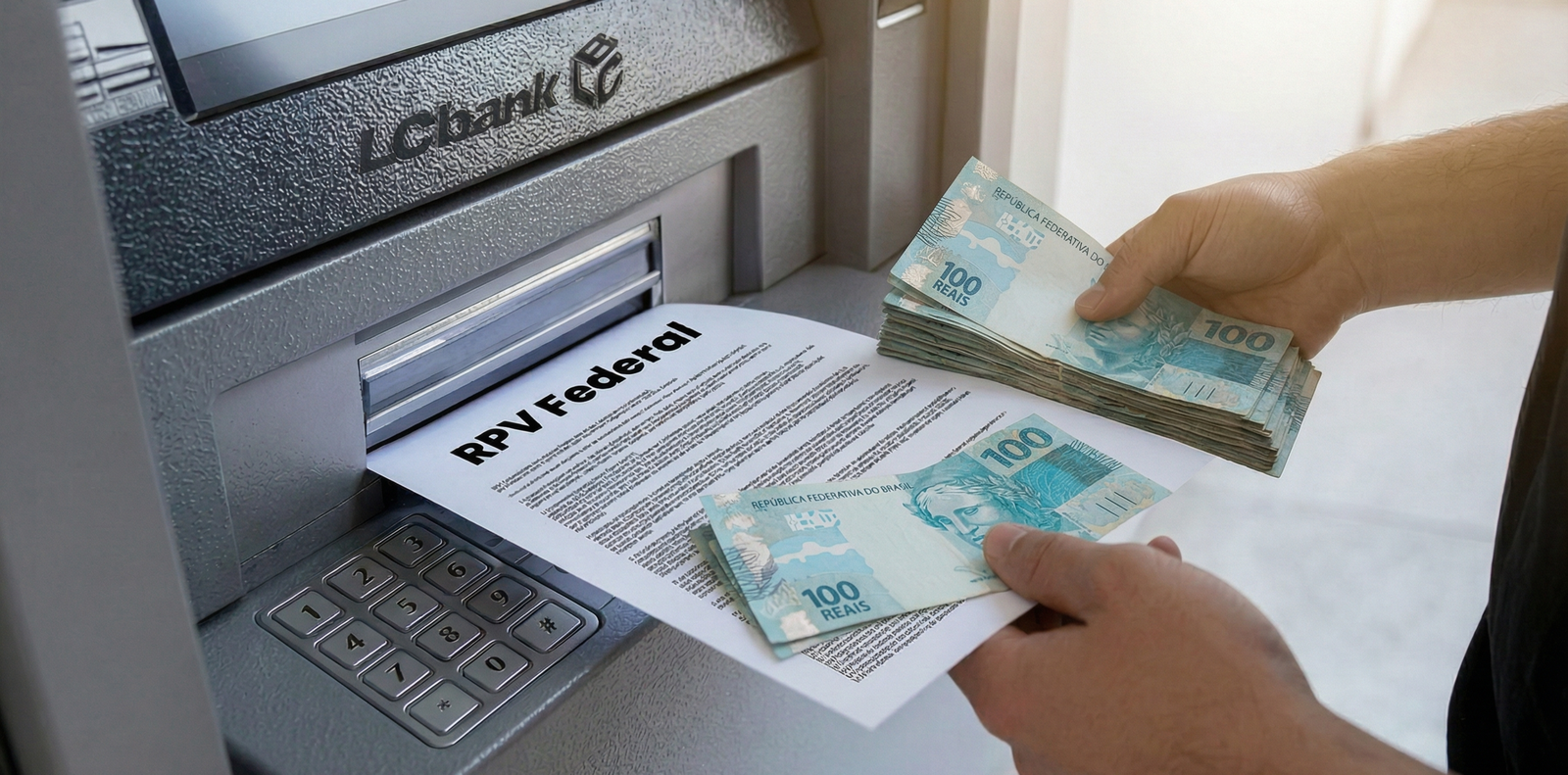 Pessoa retira notas de 100 reais e RPV Federal de caixa eletrônico