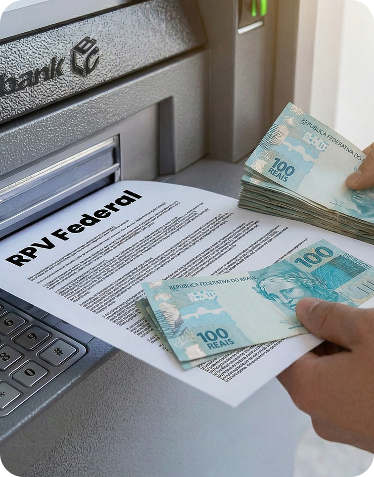 Mão segurando notas de 100 reais e documento RPV Federal em caixa eletrônico