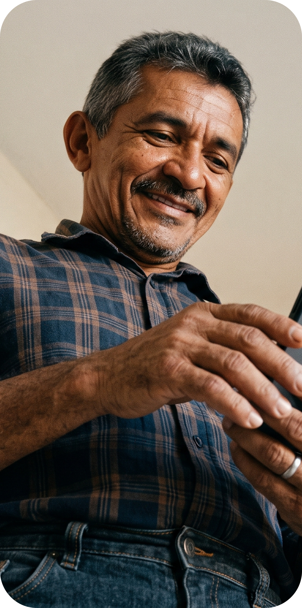 Homem maduro sorridente usando um telefone celular