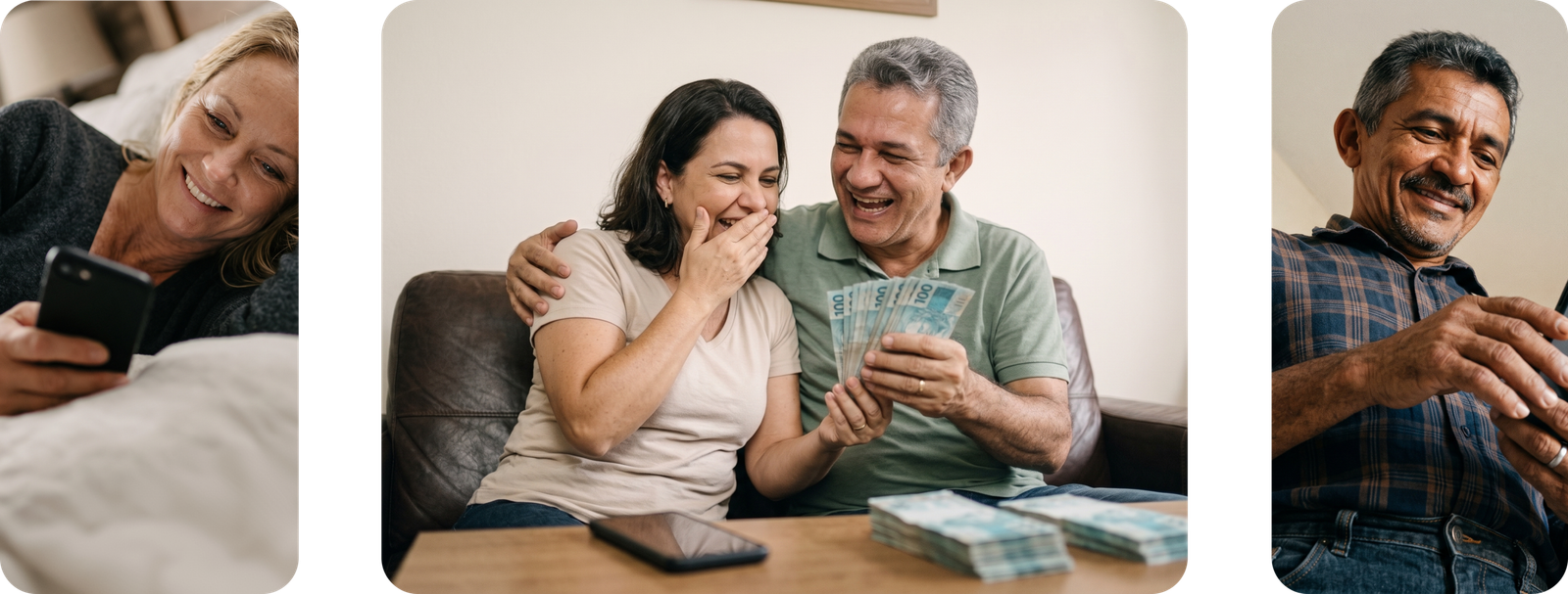 Casal sorrindo com dinheiro em mãos, novo layout