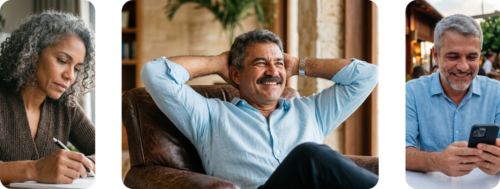 Novo layout: Mulher escrevendo, homem relaxando em poltrona, homem sorrindo com celular